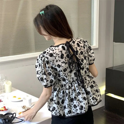 Women's Clothing Stylish Drawstring Shirts French Style Vintage Broken Flowers Summer Sweet Short Sleeve Elegant Waist Blouse