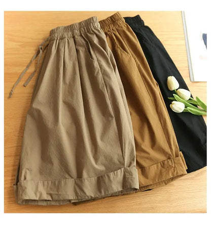 Pantalones cortos de playa sencillos de cintura alta elástica de estilo japonés para mujer, ropa de calle informal, holgados, de pierna ancha y hasta la rodilla