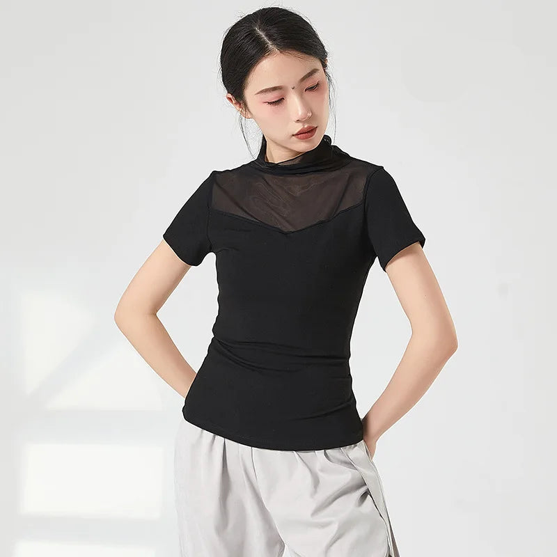Ropa de práctica de danza moderna para mujer, malla de cuello alto, elegante disfraz con mangas para los dedos, diseño sólido, ropa elegante y bonita, tops de yoga