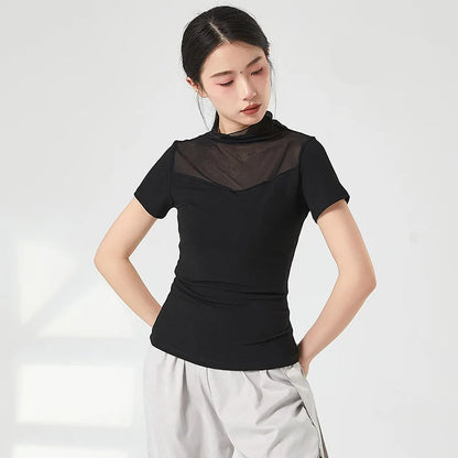 Ropa de práctica de danza moderna para mujer, malla de cuello alto, elegante disfraz con mangas para los dedos, diseño sólido, ropa elegante y bonita, tops de yoga