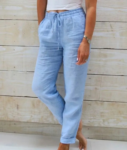 Pantalones de verano de lino y algodón para mujer, pantalones casuales elásticos de cintura alta, ropa de calle lisa, pantalones de tubo holgados 2024