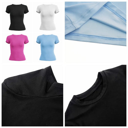 Camiseta de manga corta para mujer, top ajustado, cuello redondo, de punto, estilo urbano, sexy, deportiva, Y2K 2024, novedad 2410