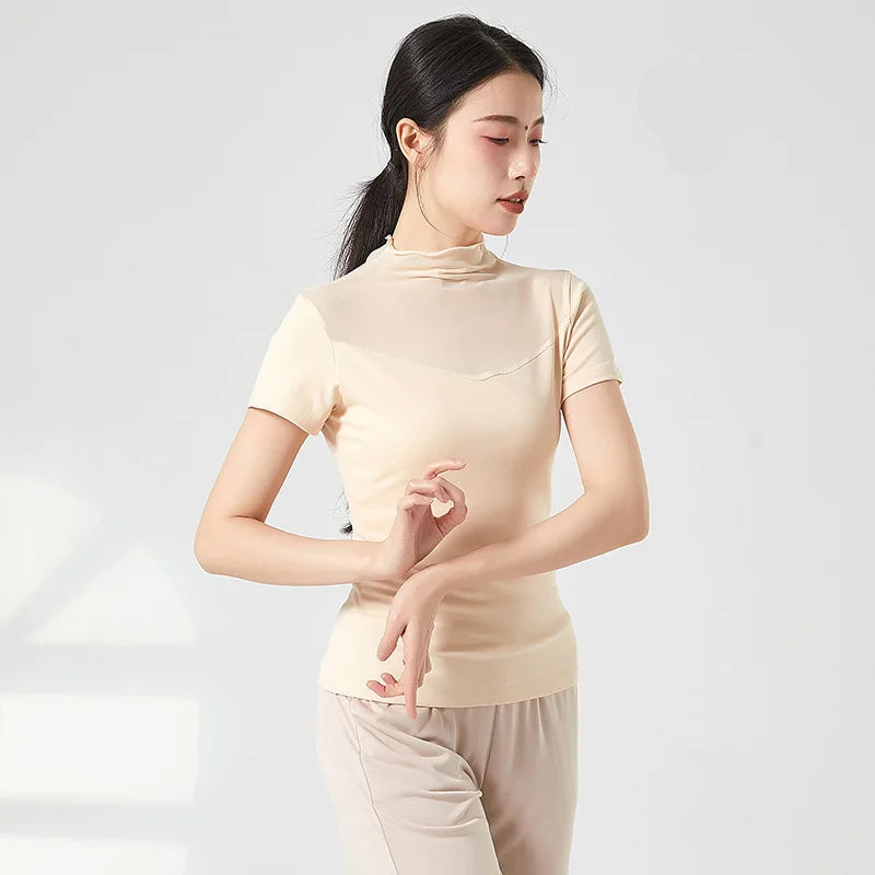 Ropa de práctica de danza moderna para mujer, malla de cuello alto, elegante disfraz con mangas para los dedos, diseño sólido, ropa elegante y bonita, tops de yoga