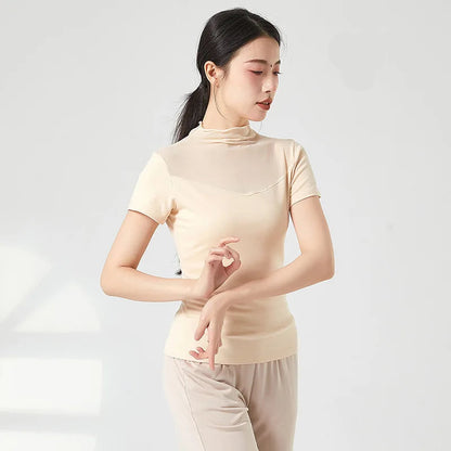 Ropa de práctica de danza moderna para mujer, malla de cuello alto, elegante disfraz con mangas para los dedos, diseño sólido, ropa elegante y bonita, tops de yoga