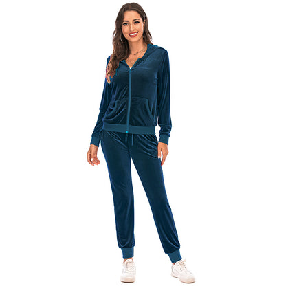 Women's Clothes Autumn  Long Sleeve Tops with Pants Loungewear Hooded Zipper With Pockets Warm Velvet Female Clothing Coat Suits