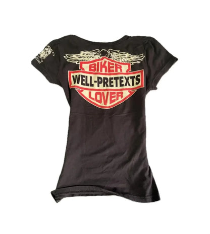 Woman Clothing Vintage T-shirts Y2k Aesthetic BIKER Enthusiast Skull Grunge Gothic Streetwear Hot Girl Tees Slim Sexy Crop Tops