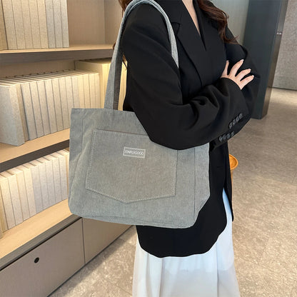 Large Capacity Shoulder Bag Trendy Corduroy Tote Bag Solid Color Ladies Handbag With Front Pocket