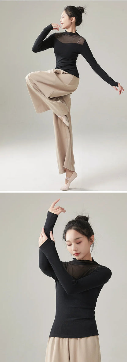 Ropa de práctica de danza moderna para mujer, malla de cuello alto, elegante disfraz con mangas para los dedos, diseño sólido, ropa elegante y bonita, tops de yoga