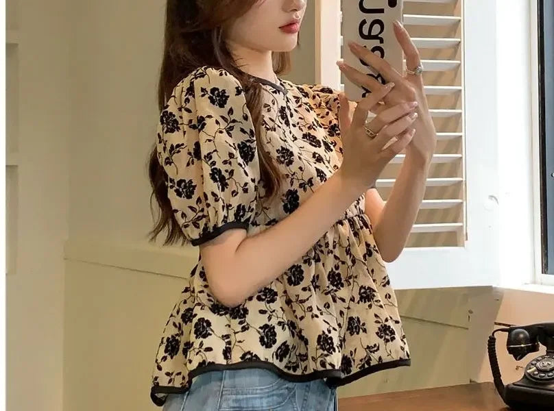 Women's Clothing Stylish Drawstring Shirts French Style Vintage Broken Flowers Summer Sweet Short Sleeve Elegant Waist Blouse