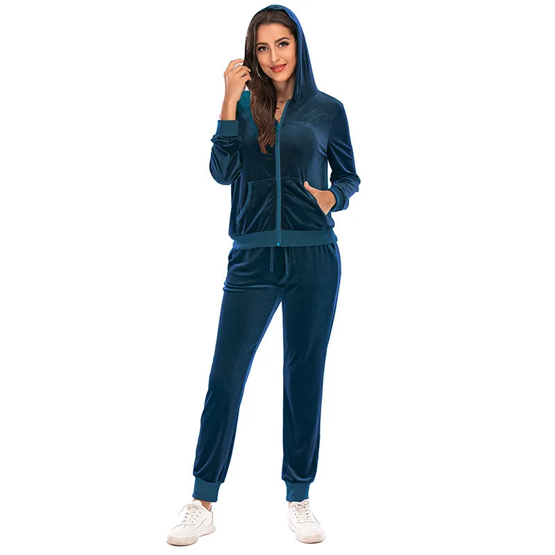 Women's Clothes Autumn  Long Sleeve Tops with Pants Loungewear Hooded Zipper With Pockets Warm Velvet Female Clothing Coat Suits