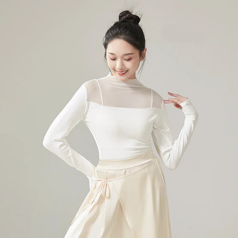 Ropa de práctica de danza moderna para mujer, malla de cuello alto, elegante disfraz con mangas para los dedos, diseño sólido, ropa elegante y bonita, tops de yoga
