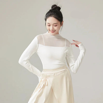 Ropa de práctica de danza moderna para mujer, malla de cuello alto, elegante disfraz con mangas para los dedos, diseño sólido, ropa elegante y bonita, tops de yoga