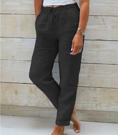 Pantalones de verano de lino y algodón para mujer, pantalones casuales elásticos de cintura alta, ropa de calle lisa, pantalones de tubo holgados 2024