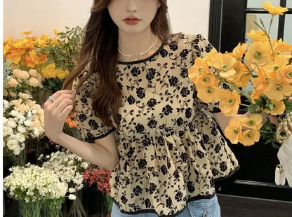 Women's Clothing Stylish Drawstring Shirts French Style Vintage Broken Flowers Summer Sweet Short Sleeve Elegant Waist Blouse