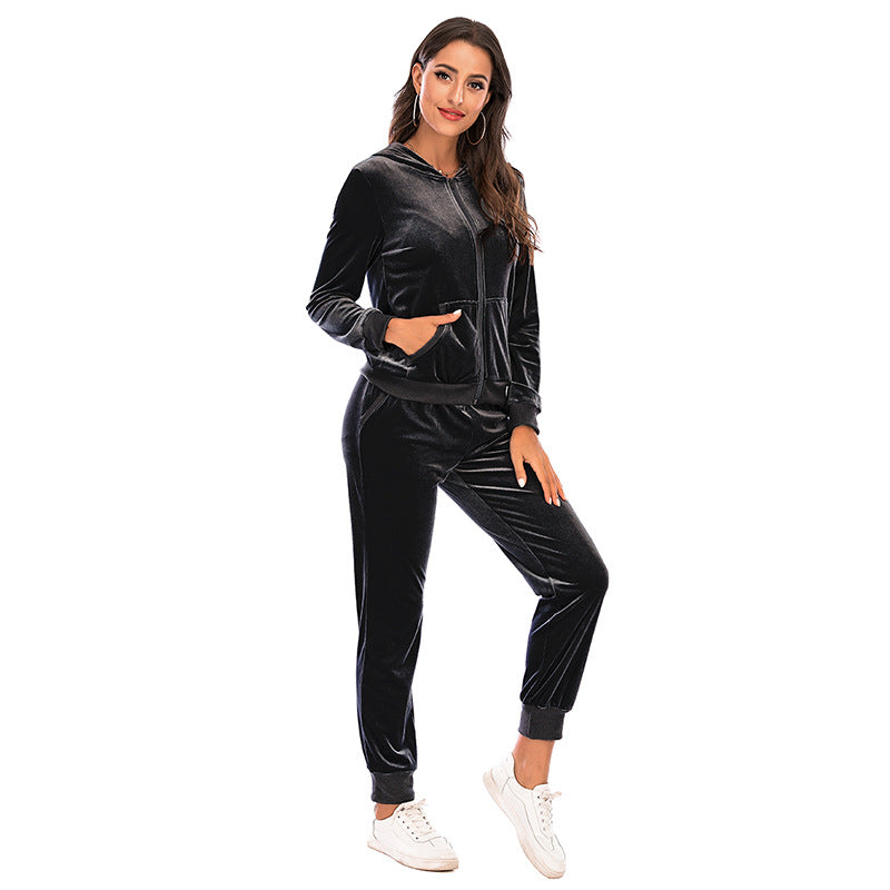 Women's Clothes Autumn  Long Sleeve Tops with Pants Loungewear Hooded Zipper With Pockets Warm Velvet Female Clothing Coat Suits