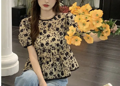 Women's Clothing Stylish Drawstring Shirts French Style Vintage Broken Flowers Summer Sweet Short Sleeve Elegant Waist Blouse