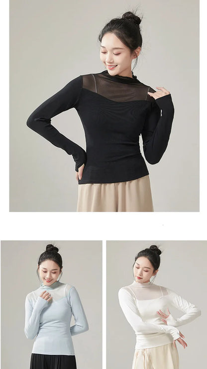 Ropa de práctica de danza moderna para mujer, malla de cuello alto, elegante disfraz con mangas para los dedos, diseño sólido, ropa elegante y bonita, tops de yoga