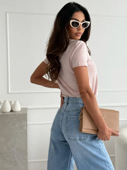 Blusas para mujer, camisetas de verano, camisetas blancas de manga corta, ajustadas, con cuello en V, ropa informal.