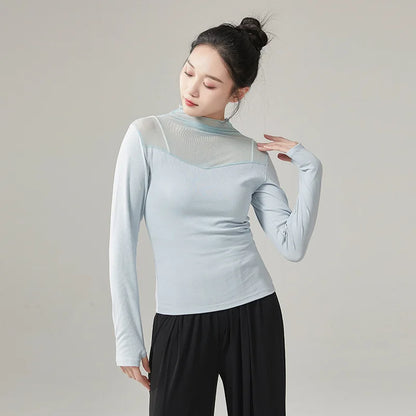 Ropa de práctica de danza moderna para mujer, malla de cuello alto, elegante disfraz con mangas para los dedos, diseño sólido, ropa elegante y bonita, tops de yoga