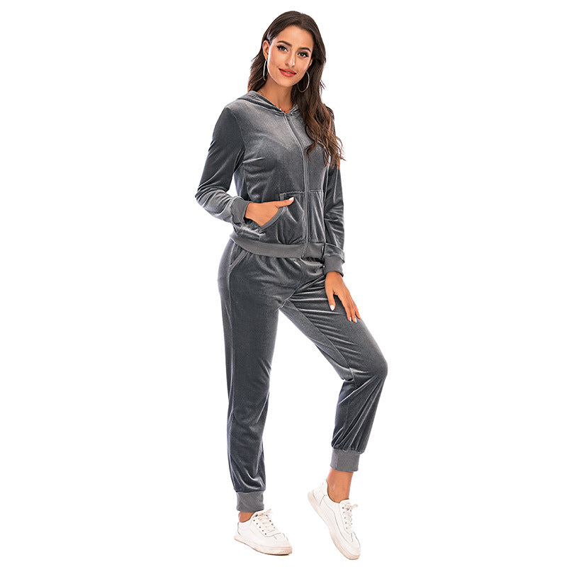 Women's Clothes Autumn  Long Sleeve Tops with Pants Loungewear Hooded Zipper With Pockets Warm Velvet Female Clothing Coat Suits