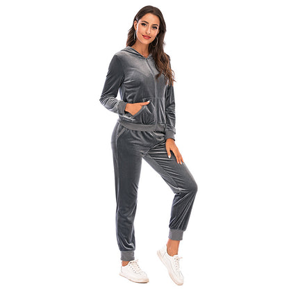 Women's Clothes Autumn  Long Sleeve Tops with Pants Loungewear Hooded Zipper With Pockets Warm Velvet Female Clothing Coat Suits
