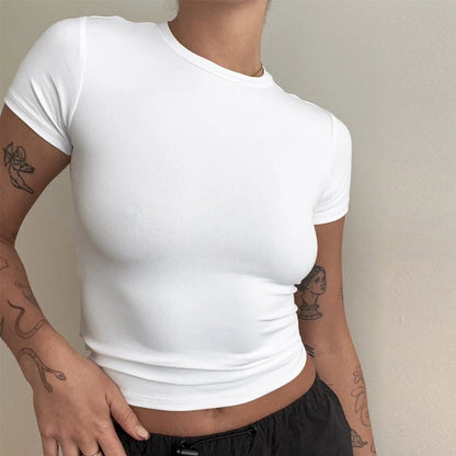 Camiseta de manga corta para mujer, top ajustado, cuello redondo, de punto, estilo urbano, sexy, deportiva, Y2K 2024, novedad 2410