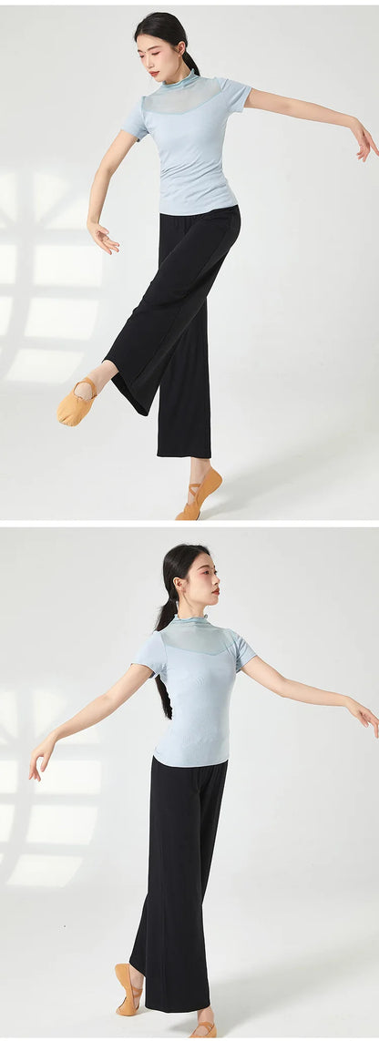 Ropa de práctica de danza moderna para mujer, malla de cuello alto, elegante disfraz con mangas para los dedos, diseño sólido, ropa elegante y bonita, tops de yoga