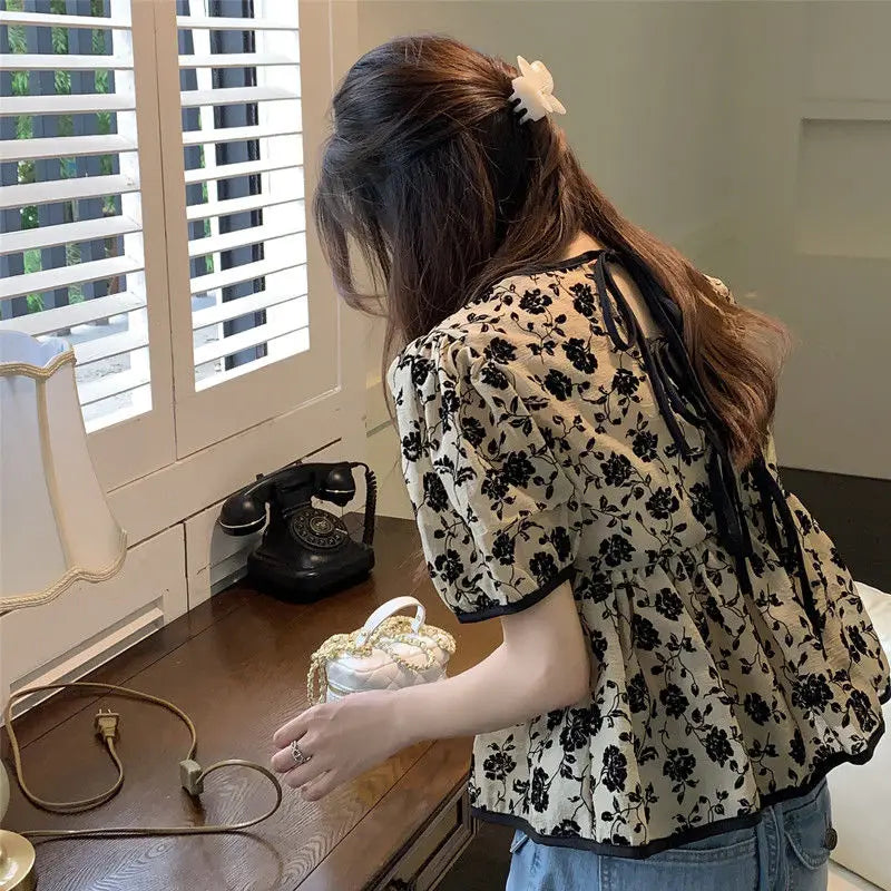 Women's Clothing Stylish Drawstring Shirts French Style Vintage Broken Flowers Summer Sweet Short Sleeve Elegant Waist Blouse
