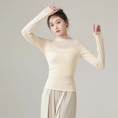Ropa de práctica de danza moderna para mujer, malla de cuello alto, elegante disfraz con mangas para los dedos, diseño sólido, ropa elegante y bonita, tops de yoga