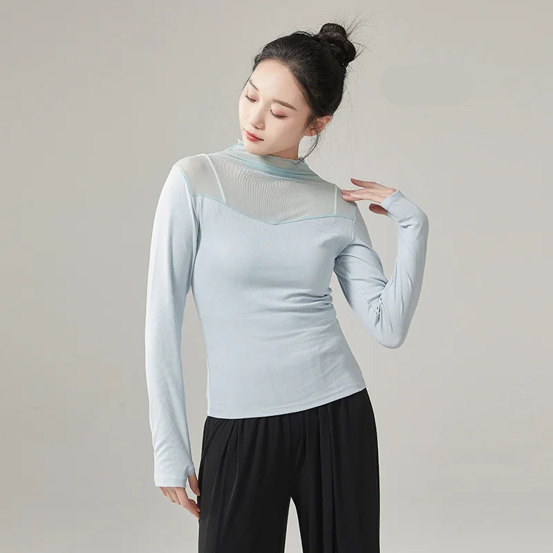 Ropa de práctica de danza moderna para mujer, malla de cuello alto, elegante disfraz con mangas para los dedos, diseño sólido, ropa elegante y bonita, tops de yoga