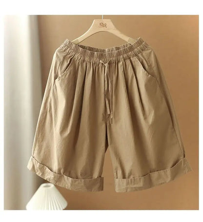 Pantalones cortos de playa sencillos de cintura alta elástica de estilo japonés para mujer, ropa de calle informal, holgados, de pierna ancha y hasta la rodilla