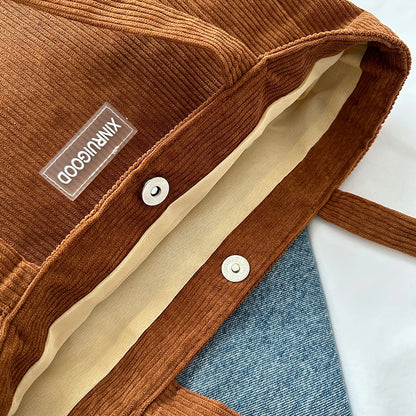 Large Capacity Shoulder Bag Trendy Corduroy Tote Bag Solid Color Ladies Handbag With Front Pocket