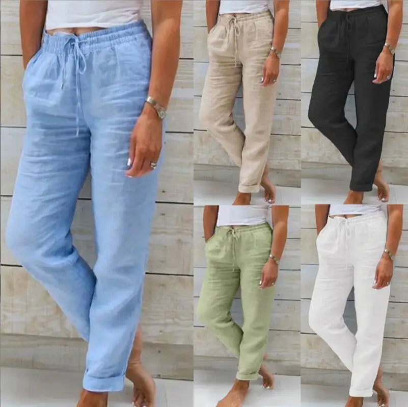 Pantalones de verano de lino y algodón para mujer, pantalones casuales elásticos de cintura alta, ropa de calle lisa, pantalones de tubo holgados 2024