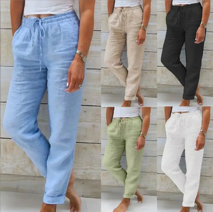 Pantalones de verano de lino y algodón para mujer, pantalones casuales elásticos de cintura alta, ropa de calle lisa, pantalones de tubo holgados 2024