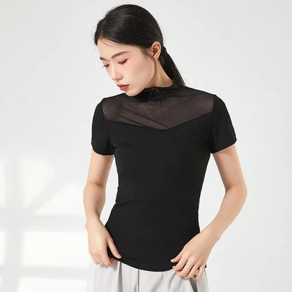 Ropa de práctica de danza moderna para mujer, malla de cuello alto, elegante disfraz con mangas para los dedos, diseño sólido, ropa elegante y bonita, tops de yoga