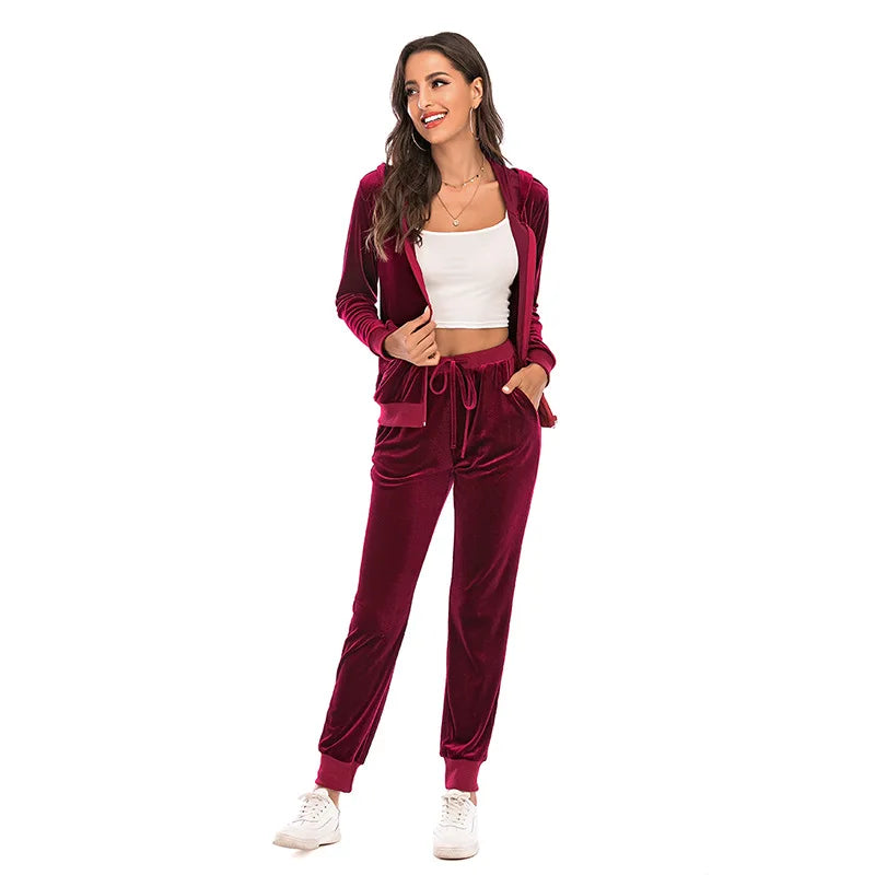 Women's Clothes Autumn  Long Sleeve Tops with Pants Loungewear Hooded Zipper With Pockets Warm Velvet Female Clothing Coat Suits