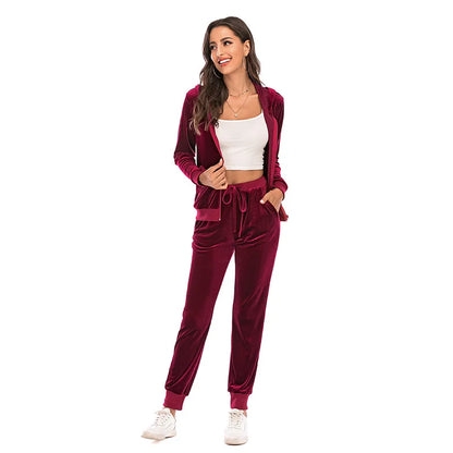 Women's Clothes Autumn  Long Sleeve Tops with Pants Loungewear Hooded Zipper With Pockets Warm Velvet Female Clothing Coat Suits