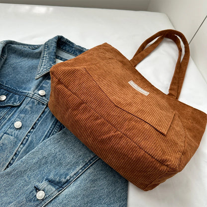 Large Capacity Shoulder Bag Trendy Corduroy Tote Bag Solid Color Ladies Handbag With Front Pocket