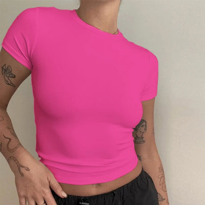 Camiseta de manga corta para mujer, top ajustado, cuello redondo, de punto, estilo urbano, sexy, deportiva, Y2K 2024, novedad 2410
