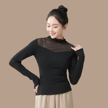 Ropa de práctica de danza moderna para mujer, malla de cuello alto, elegante disfraz con mangas para los dedos, diseño sólido, ropa elegante y bonita, tops de yoga