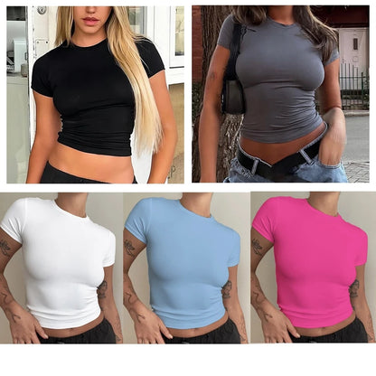 Camiseta de manga corta para mujer, top ajustado, cuello redondo, de punto, estilo urbano, sexy, deportiva, Y2K 2024, novedad 2410