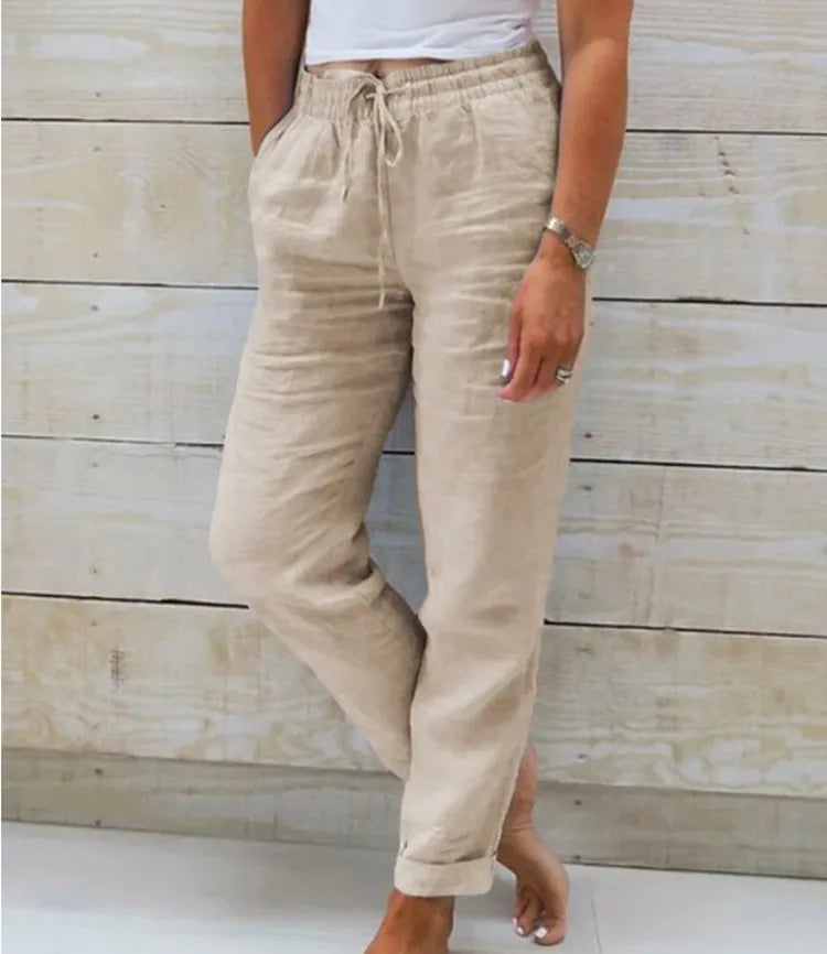 Pantalones de verano de lino y algodón para mujer, pantalones casuales elásticos de cintura alta, ropa de calle lisa, pantalones de tubo holgados 2024