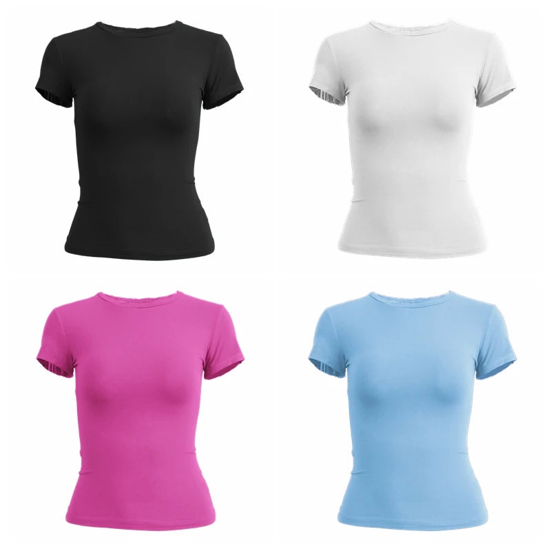 Camiseta de manga corta para mujer, top ajustado, cuello redondo, de punto, estilo urbano, sexy, deportiva, Y2K 2024, novedad 2410