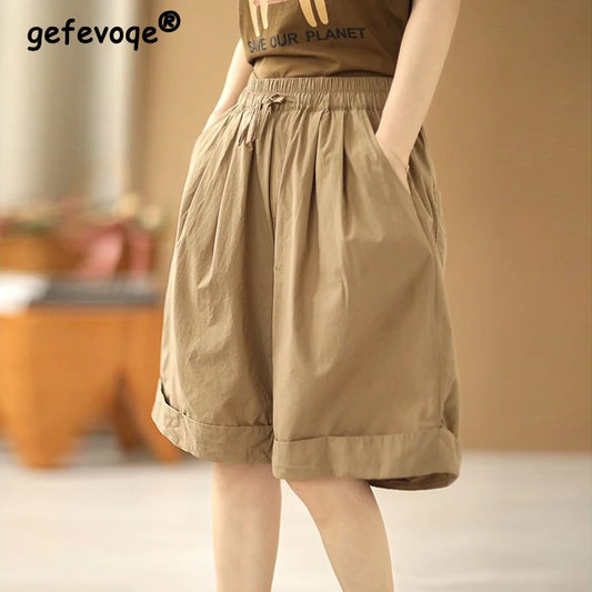 Pantalones cortos de playa sencillos de cintura alta elástica de estilo japonés para mujer, ropa de calle informal, holgados, de pierna ancha y hasta la rodilla