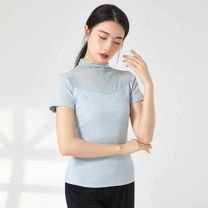 Ropa de práctica de danza moderna para mujer, malla de cuello alto, elegante disfraz con mangas para los dedos, diseño sólido, ropa elegante y bonita, tops de yoga