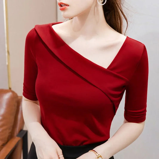 Ropa de mujer Camisetas básicas Tops Blusa de tubo de cuello alto de manga corta ajustada para mujer SS055