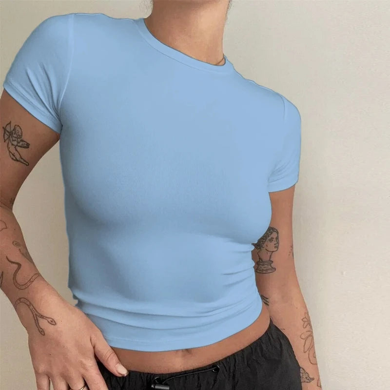 Camiseta de manga corta para mujer, top ajustado, cuello redondo, de punto, estilo urbano, sexy, deportiva, Y2K 2024, novedad 2410