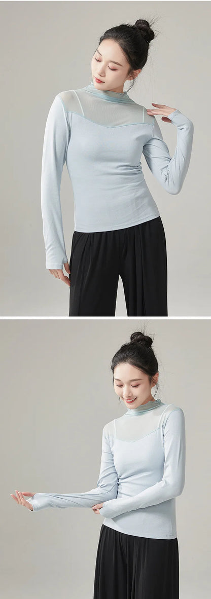Ropa de práctica de danza moderna para mujer, malla de cuello alto, elegante disfraz con mangas para los dedos, diseño sólido, ropa elegante y bonita, tops de yoga