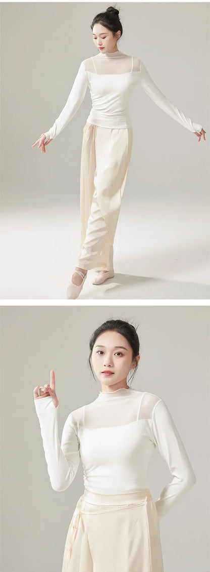 Ropa de práctica de danza moderna para mujer, malla de cuello alto, elegante disfraz con mangas para los dedos, diseño sólido, ropa elegante y bonita, tops de yoga