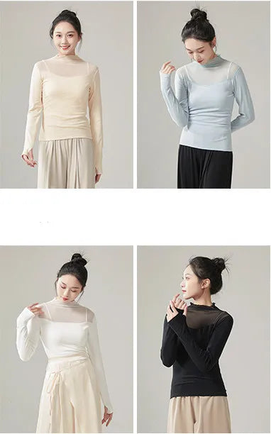 Ropa de práctica de danza moderna para mujer, malla de cuello alto, elegante disfraz con mangas para los dedos, diseño sólido, ropa elegante y bonita, tops de yoga